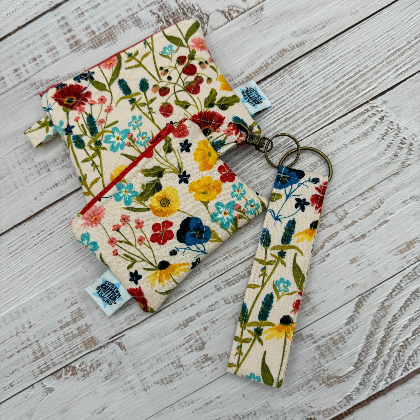 Wildflowers & Strawberries - Quilted Pouch - Coin Pouch - Keychain Clutch