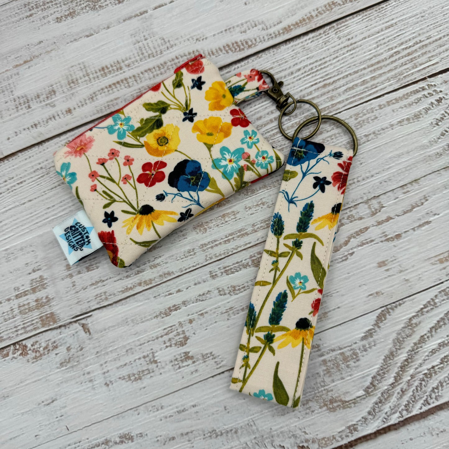 Wildflowers & Strawberries - Quilted Pouch - Coin Pouch - Keychain Clutch