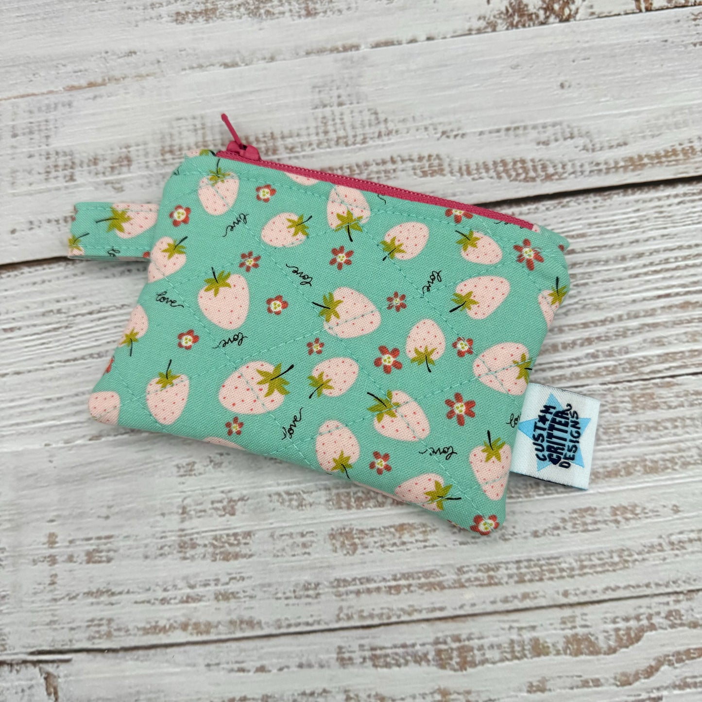 Pink Strawberries - Quilted Pouch - Coin Pouch - Keychain Clutch