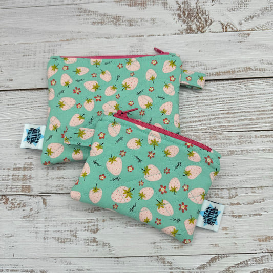 Pink Strawberries - Quilted Pouch - Coin Pouch - Keychain Clutch