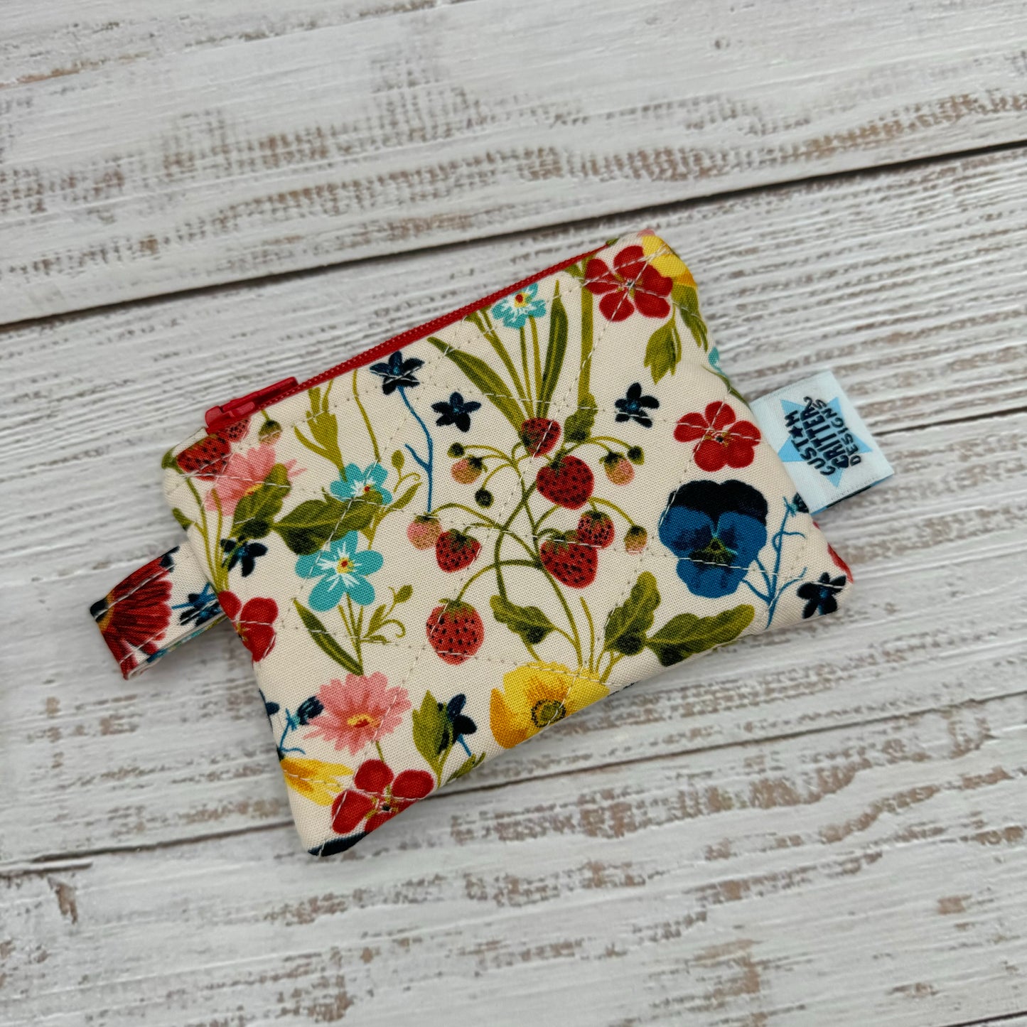 Wildflowers & Strawberries - Quilted Pouch - Coin Pouch - Keychain Clutch