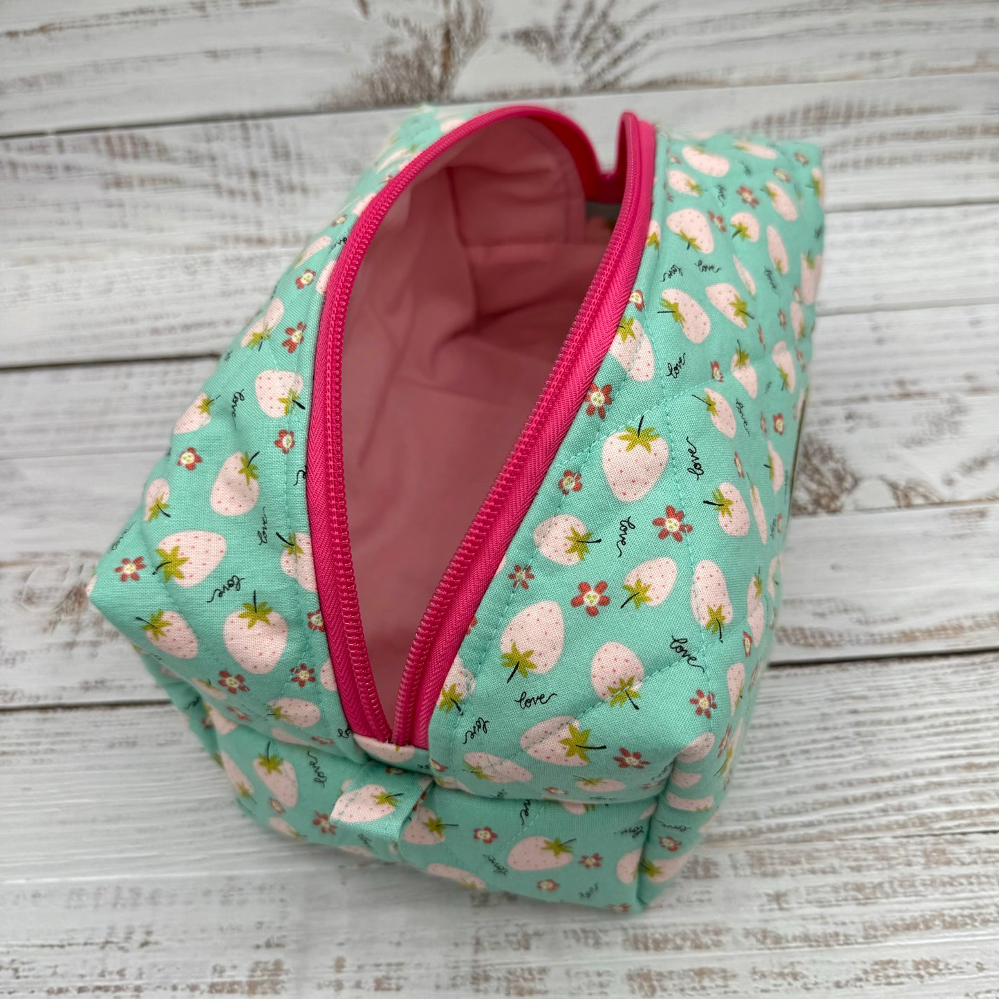 Pink Strawberries - Quilted Boxy Bag - Cosmetic Bag