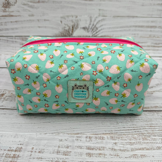 Pink Strawberries - Quilted Boxy Bag - Cosmetic Bag