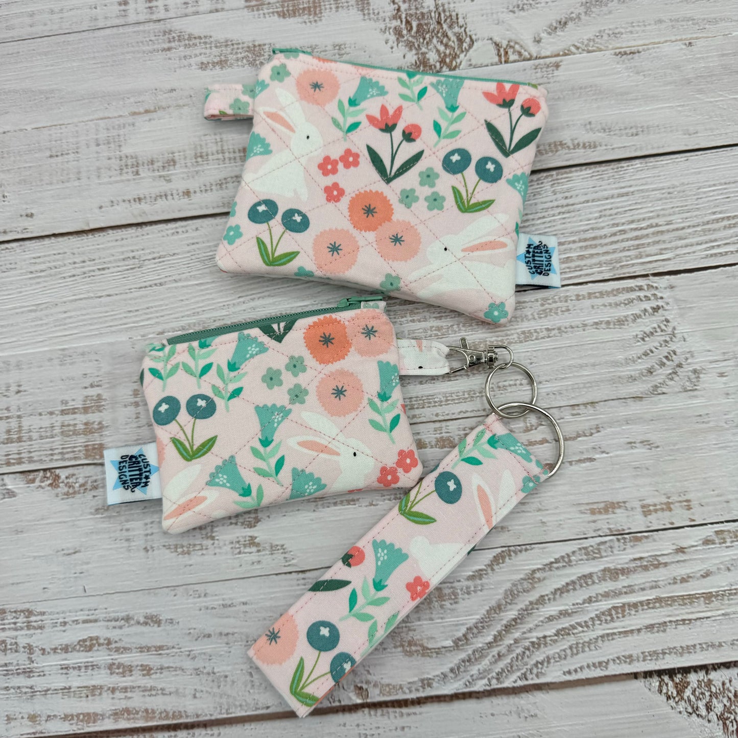 Spring Bunnies - Quilted Pouch - Coin Pouch - Keychain Clutch
