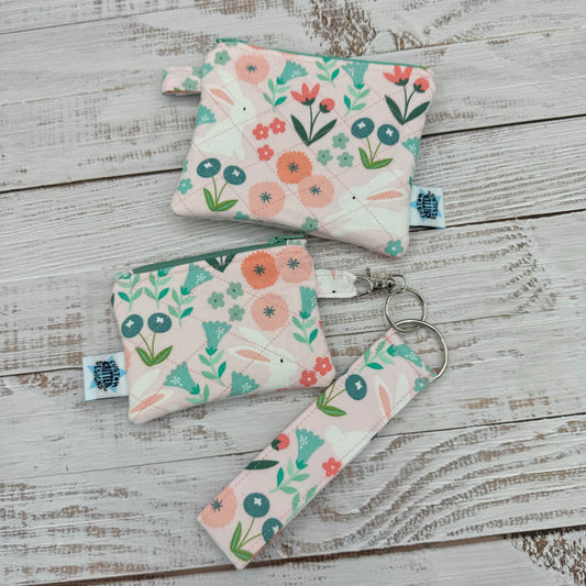 Spring Bunnies - Quilted Pouch - Coin Pouch - Keychain Clutch