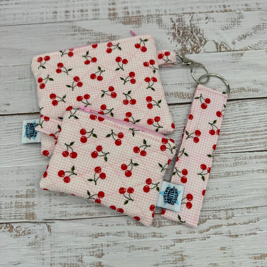 Tiny Cherries - Quilted Pouch - Coin Pouch - Keychain Clutch