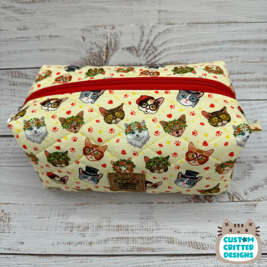 Flower Crown Cats - Quilted Boxy Bag - Cosmetic Bag