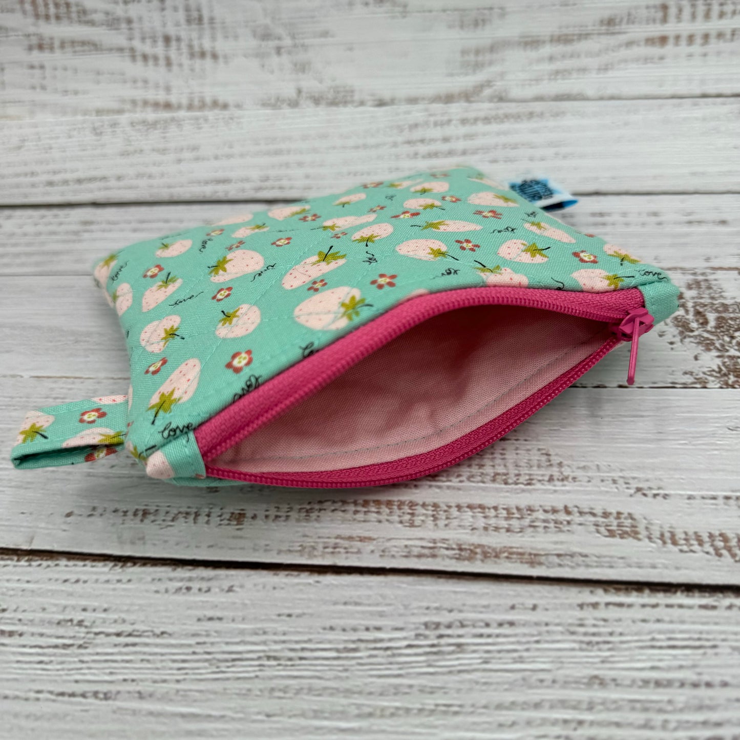 Pink Strawberries - Quilted Pouch - Coin Pouch - Keychain Clutch