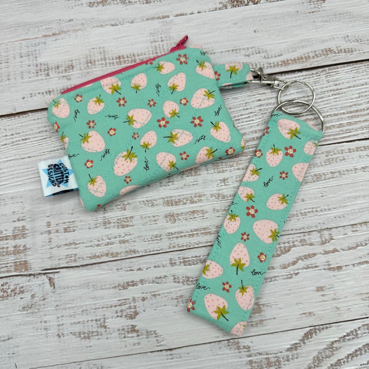 Pink Strawberries - Quilted Pouch - Coin Pouch - Keychain Clutch