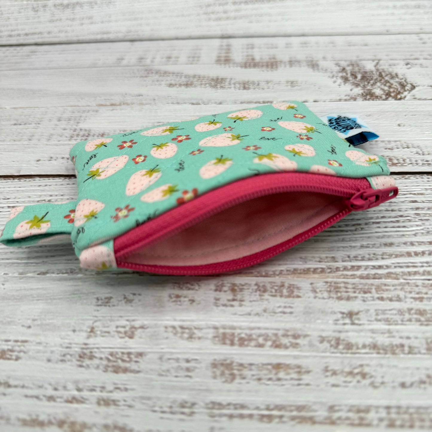 Pink Strawberries - Quilted Pouch - Coin Pouch - Keychain Clutch