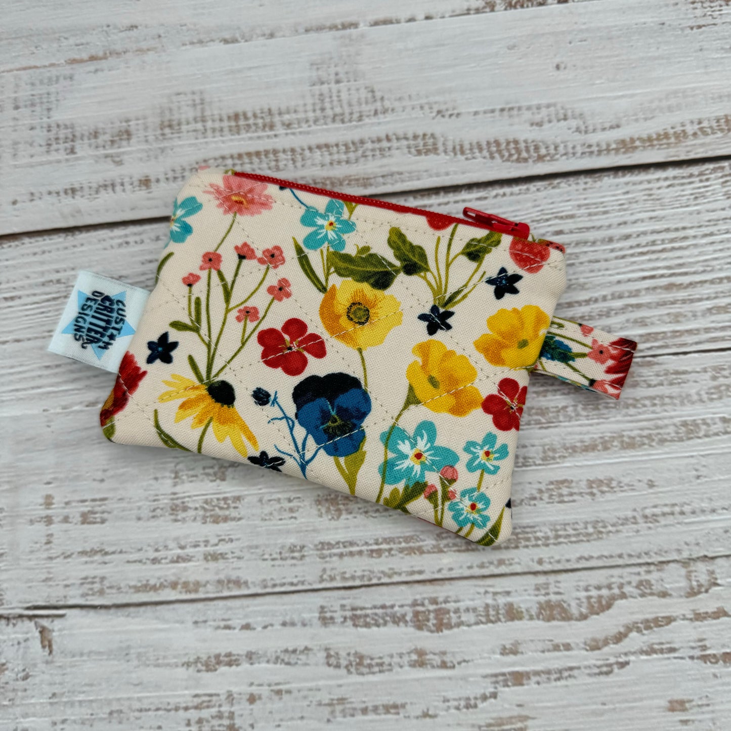 Wildflowers & Strawberries - Quilted Pouch - Coin Pouch - Keychain Clutch