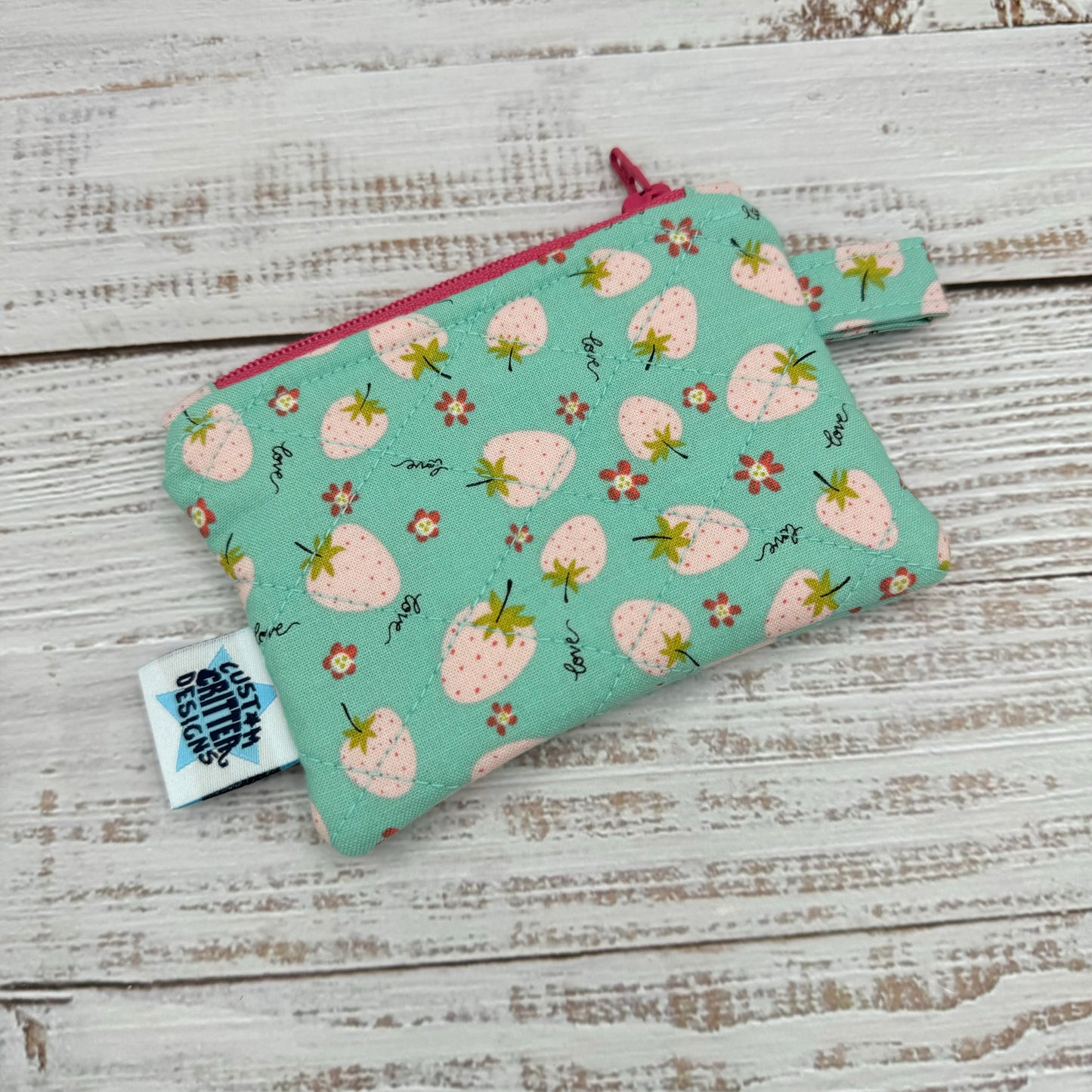 Pink Strawberries - Quilted Pouch - Coin Pouch - Keychain Clutch