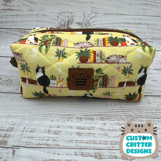 Cats & Bookshelves - Quilted Boxy Bag - Cosmetic Bag