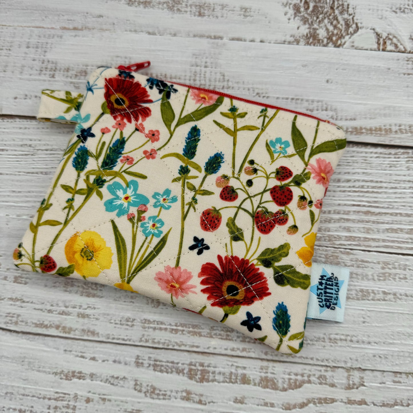 Wildflowers & Strawberries - Quilted Pouch - Coin Pouch - Keychain Clutch