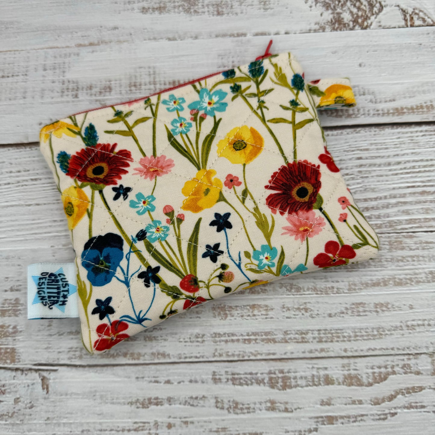 Wildflowers & Strawberries - Quilted Pouch - Coin Pouch - Keychain Clutch