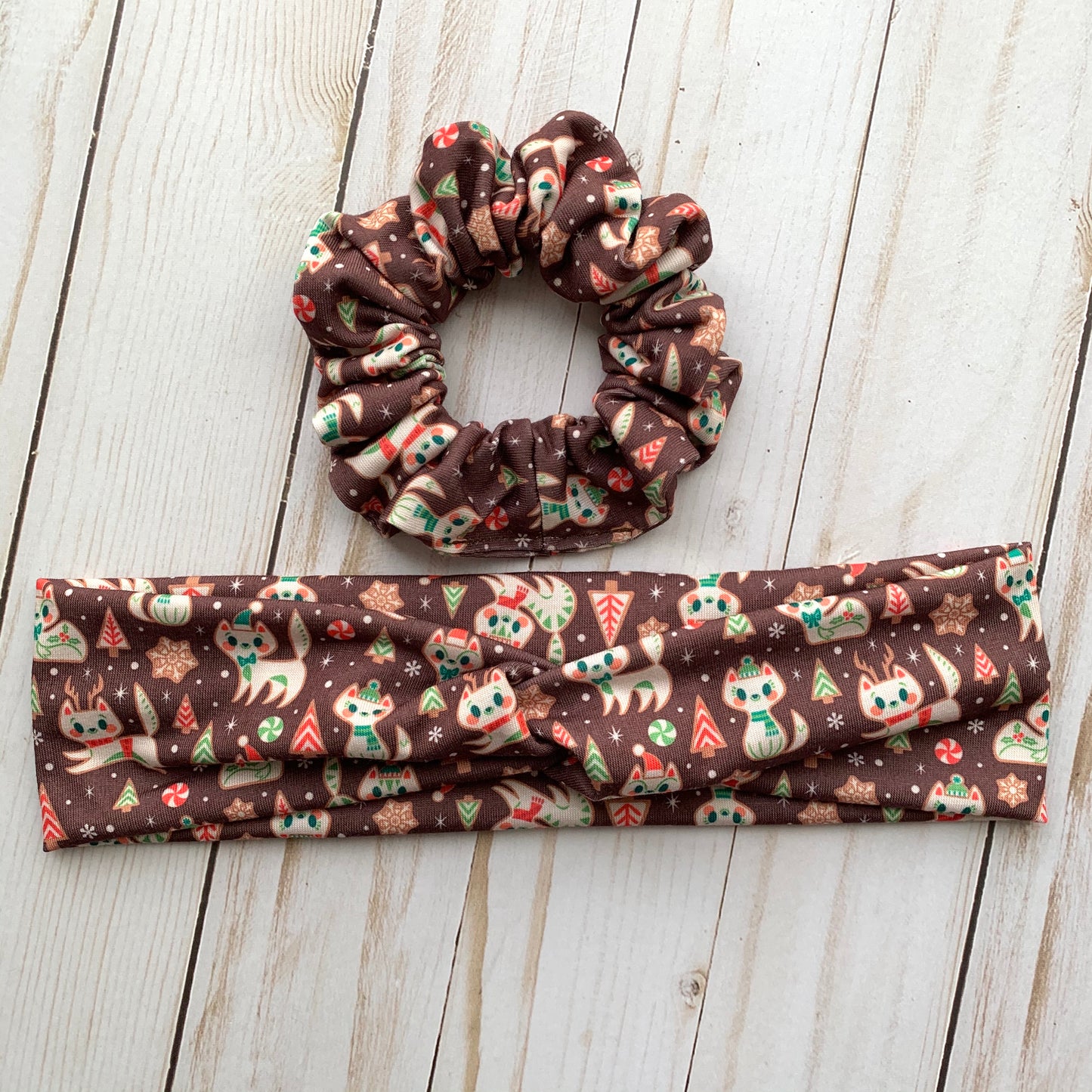 Gingerbread Kitties - Faux Knot Headband & Scrunchies