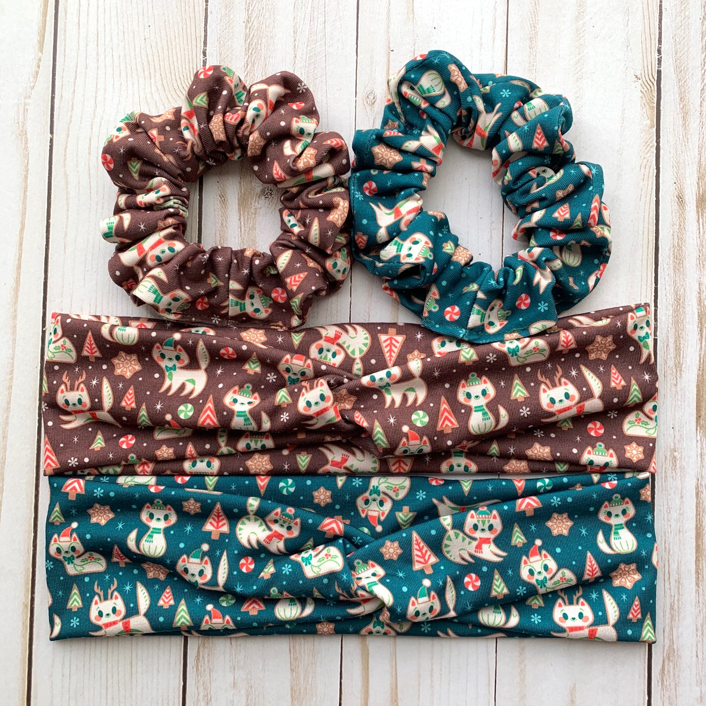 Gingerbread Kitties - Faux Knot Headband & Scrunchies