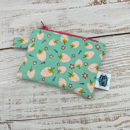 Pink Strawberries - Quilted Pouch - Coin Pouch - Keychain Clutch