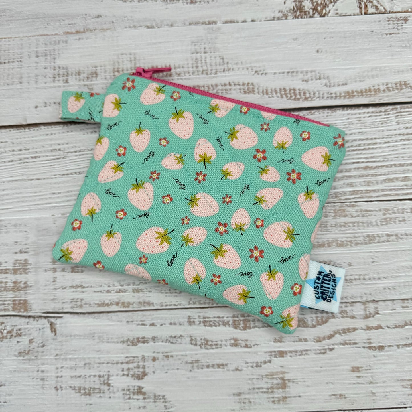 Pink Strawberries - Quilted Pouch - Coin Pouch - Keychain Clutch