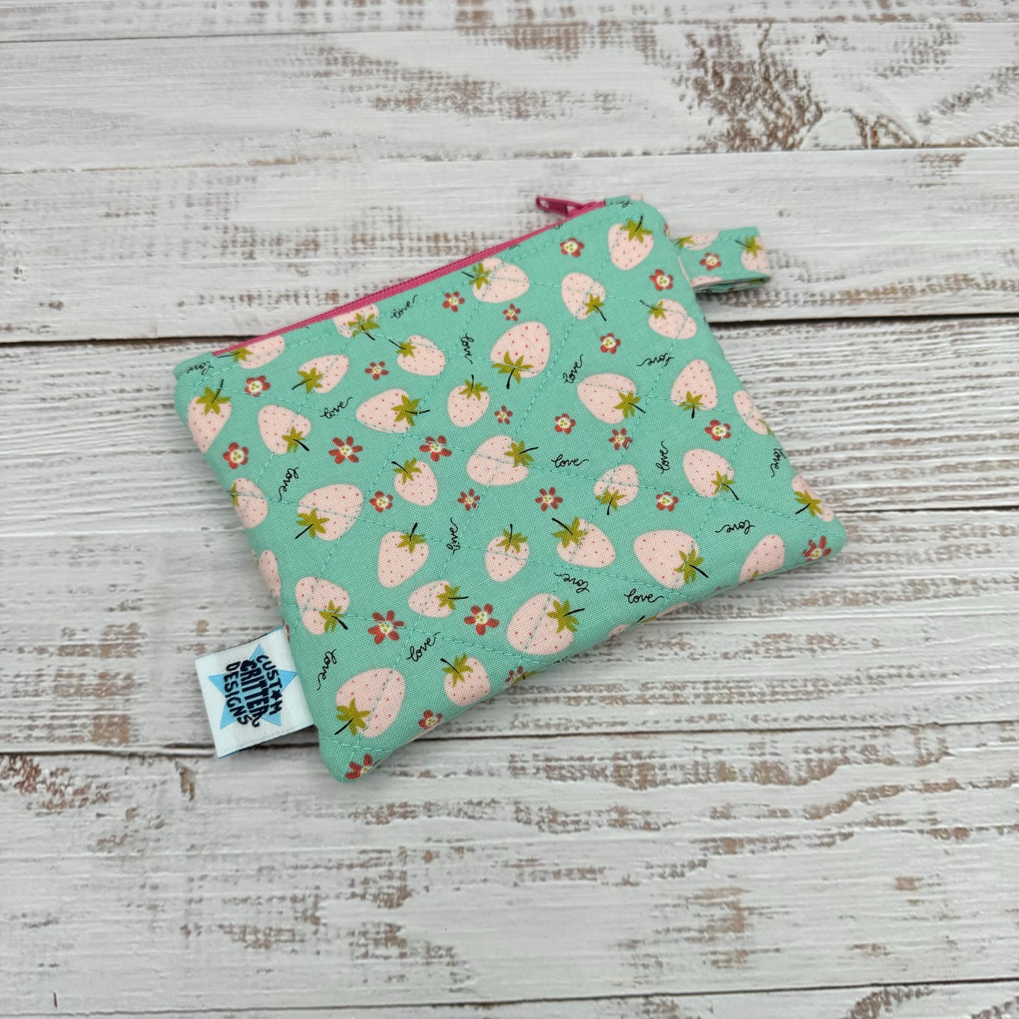 Pink Strawberries - Quilted Pouch - Coin Pouch - Keychain Clutch