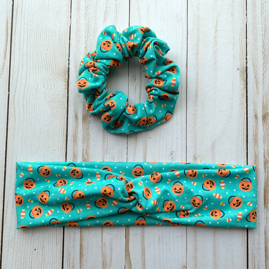 Jackolanterns & Candy Corn  - Faux Knot Headband and Scrunchies